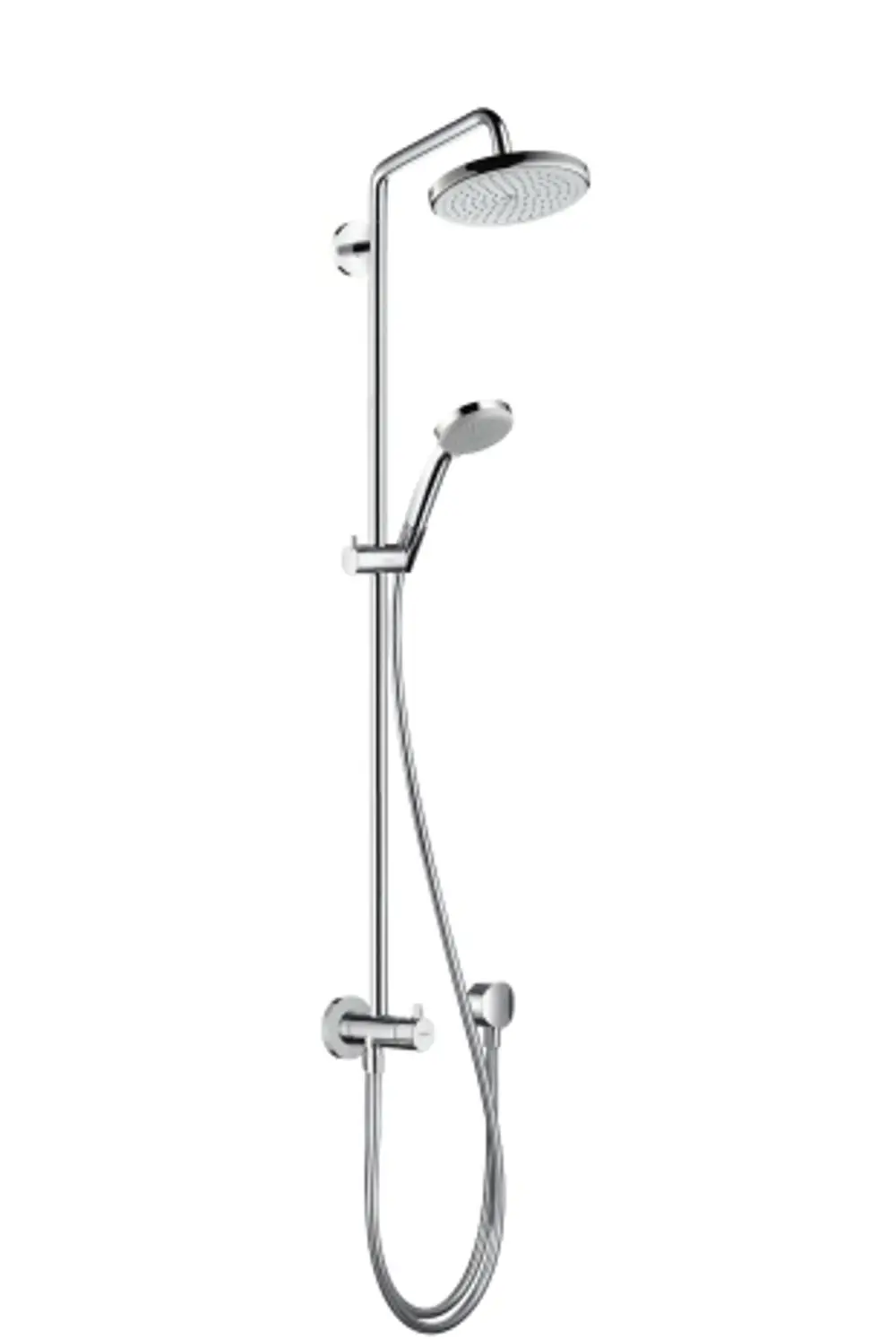Hansgrohe-Duschsystem mit Kopf- und Handbrause in Chrom, montiert an einer vertikalen Halterung, verbunden mit einem flexiblen Schlauch.